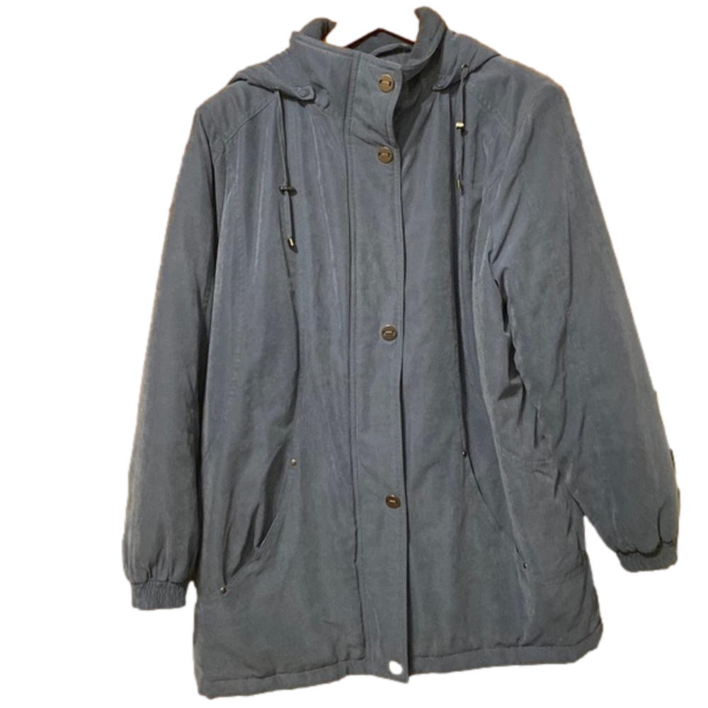 Mackintosh blue coat with removable hood. Size large.